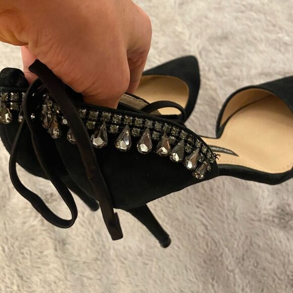 French Connection black suede heels with crystal embellishments, size 6 - Picture 9 of 13